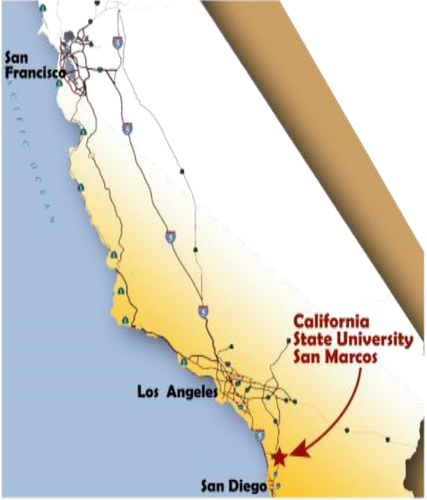 CSU San Marcos tọa lạc thành phố San Marcos ở Quận Bắc San Diego, ở giữa thành phố San Diego phía nam, và các quận Orange và Riverside phía bắc